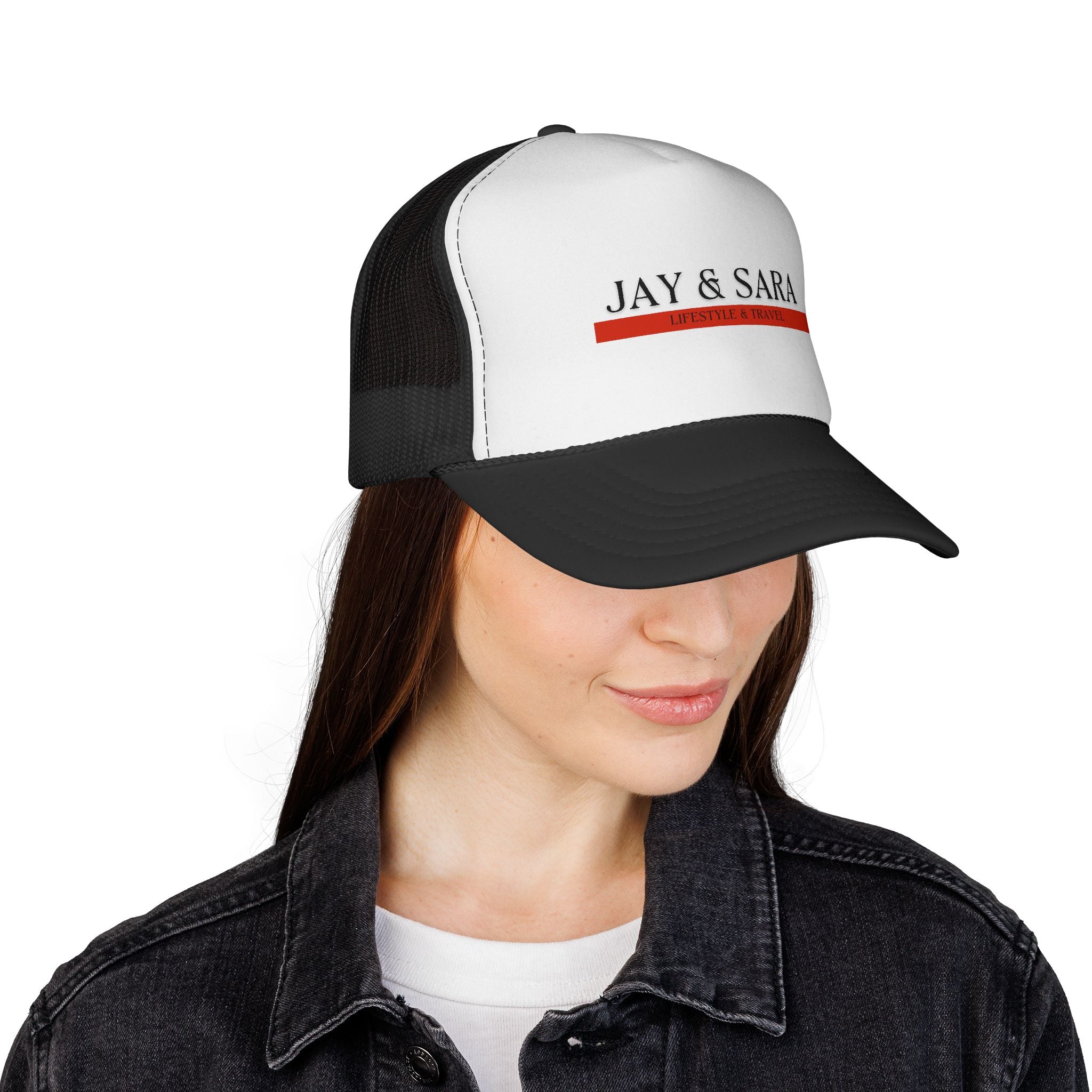 Jay & Sara Trucker Cap — Minimalist Couples Mesh Hat with Red Accent