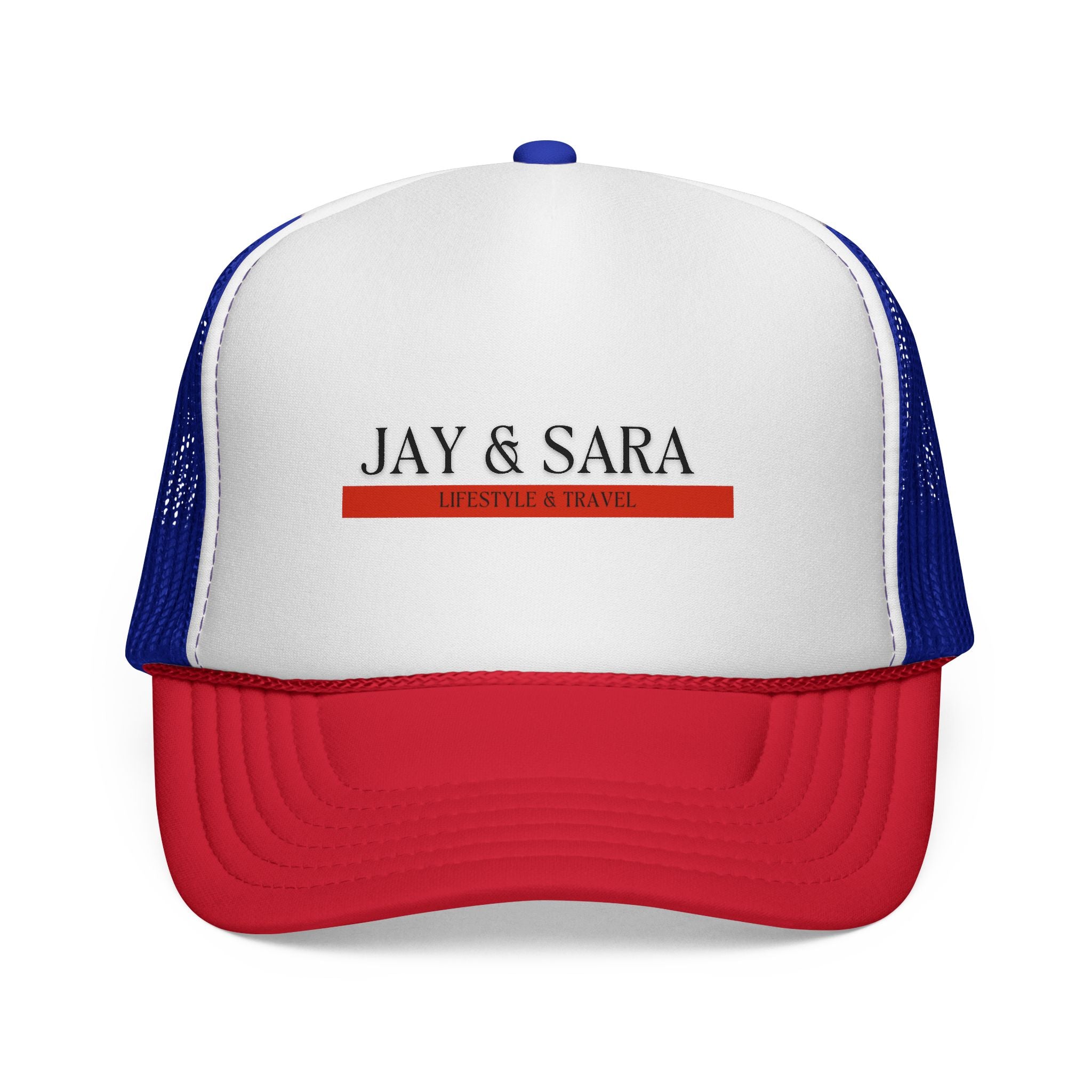 Jay & Sara Trucker Cap — Minimalist Couples Mesh Hat with Red Accent