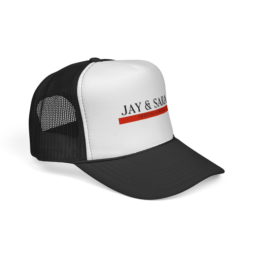 Jay & Sara Trucker Cap — Minimalist Couples Mesh Hat with Red Accent