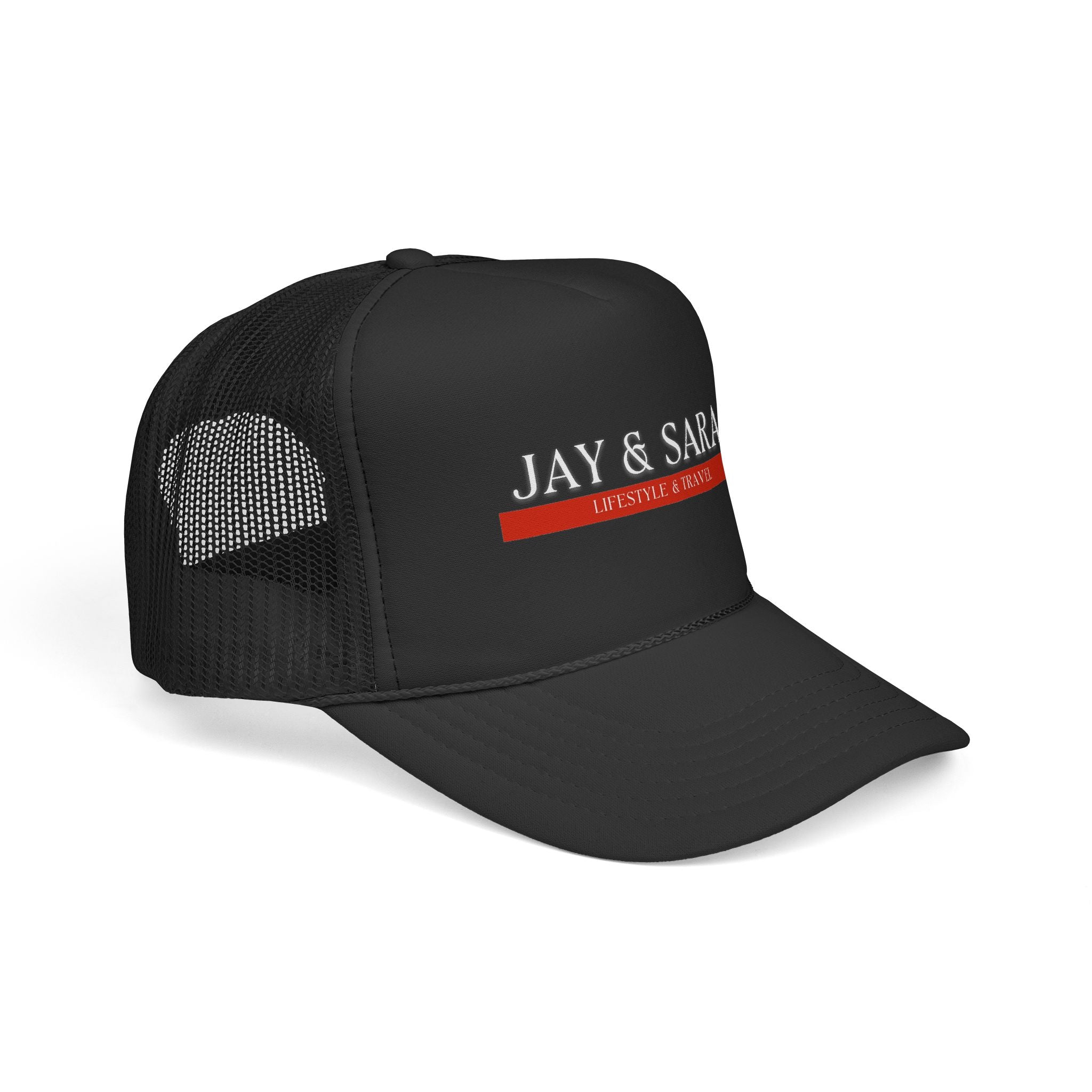 Jay & Sara Trucker Cap — Minimalist Couples Mesh Hat with Red Accent