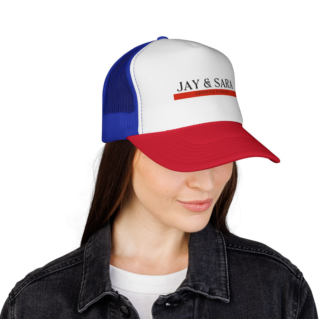 Jay & Sara Trucker Cap — Minimalist Couples Mesh Hat with Red Accent