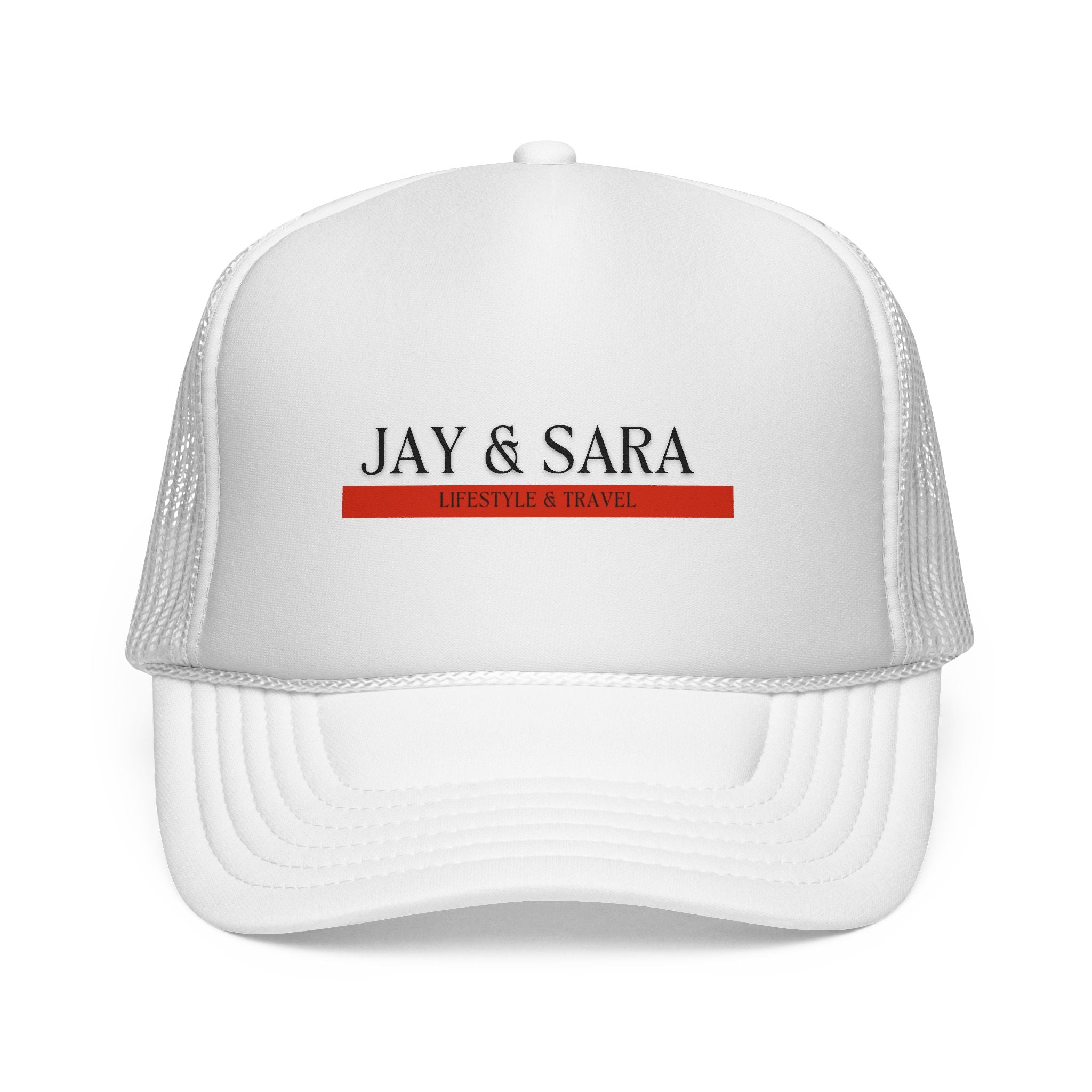 Jay & Sara Trucker Cap — Minimalist Couples Mesh Hat with Red Accent