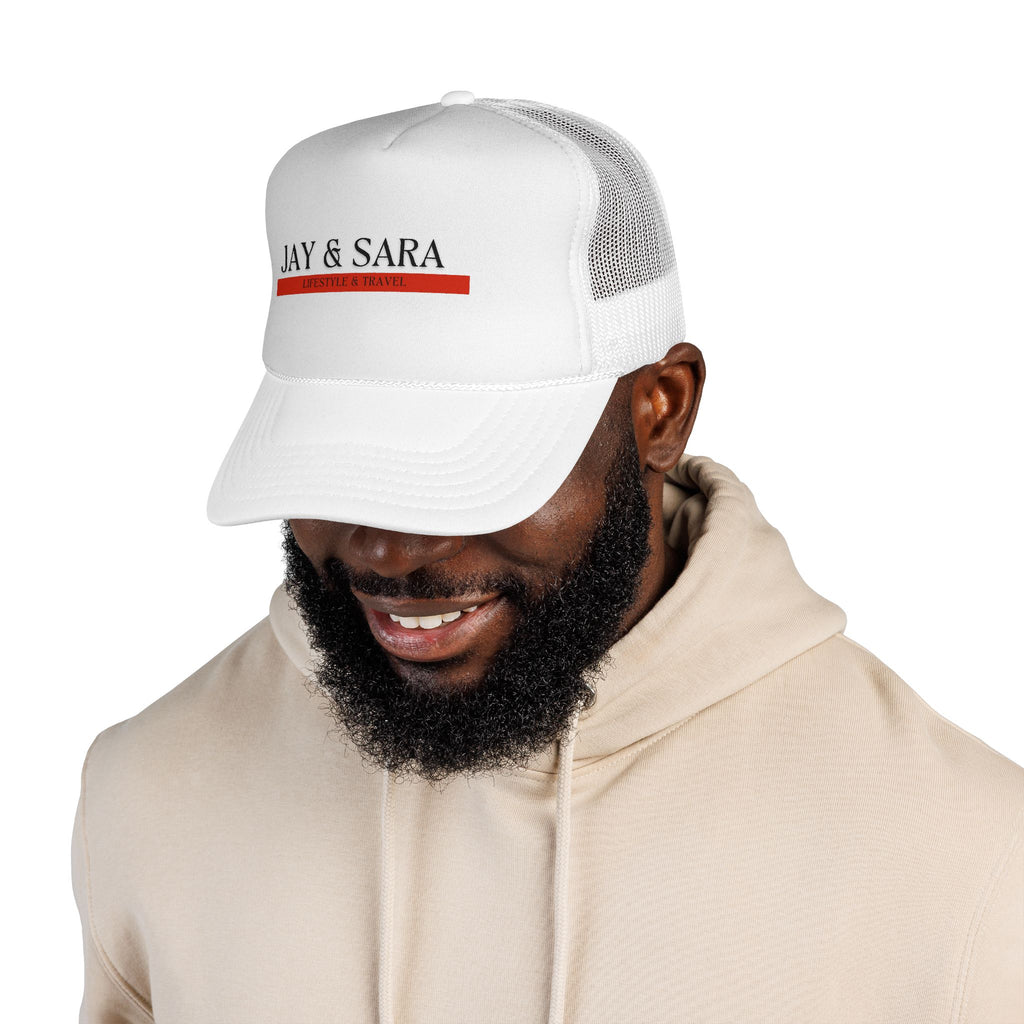 Jay & Sara Trucker Cap — Minimalist Couples Mesh Hat with Red Accent