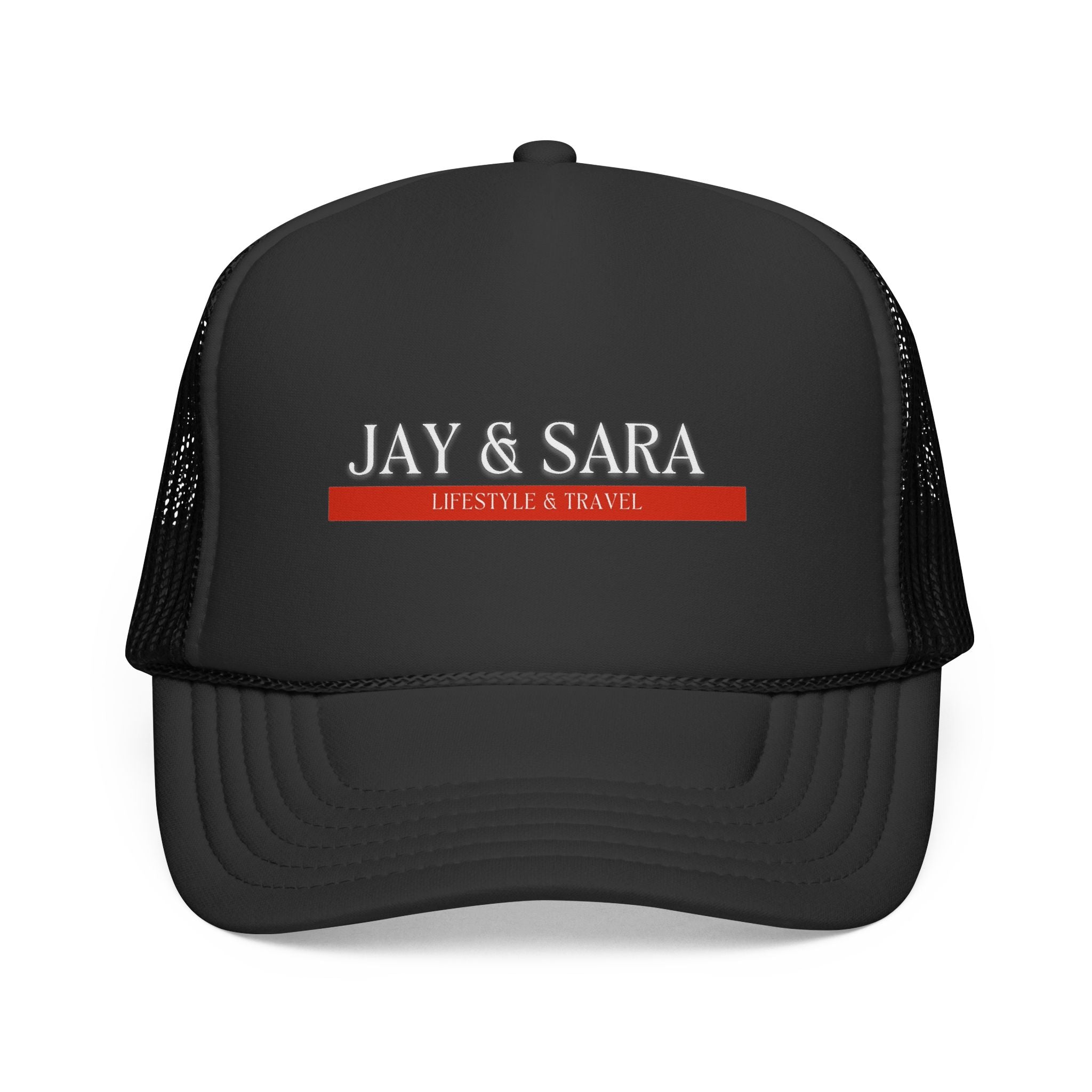 Jay & Sara Trucker Cap — Minimalist Couples Mesh Hat with Red Accent