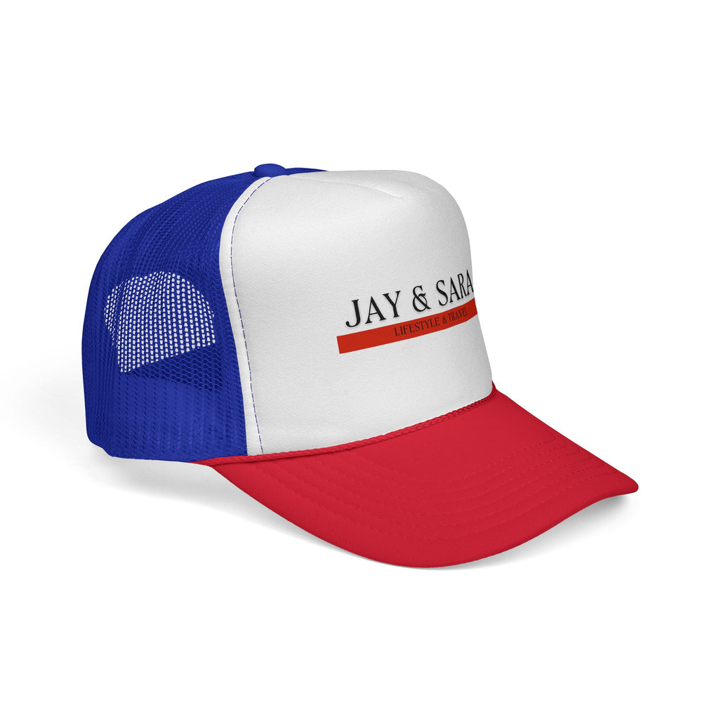 Jay & Sara Trucker Cap — Minimalist Couples Mesh Hat with Red Accent