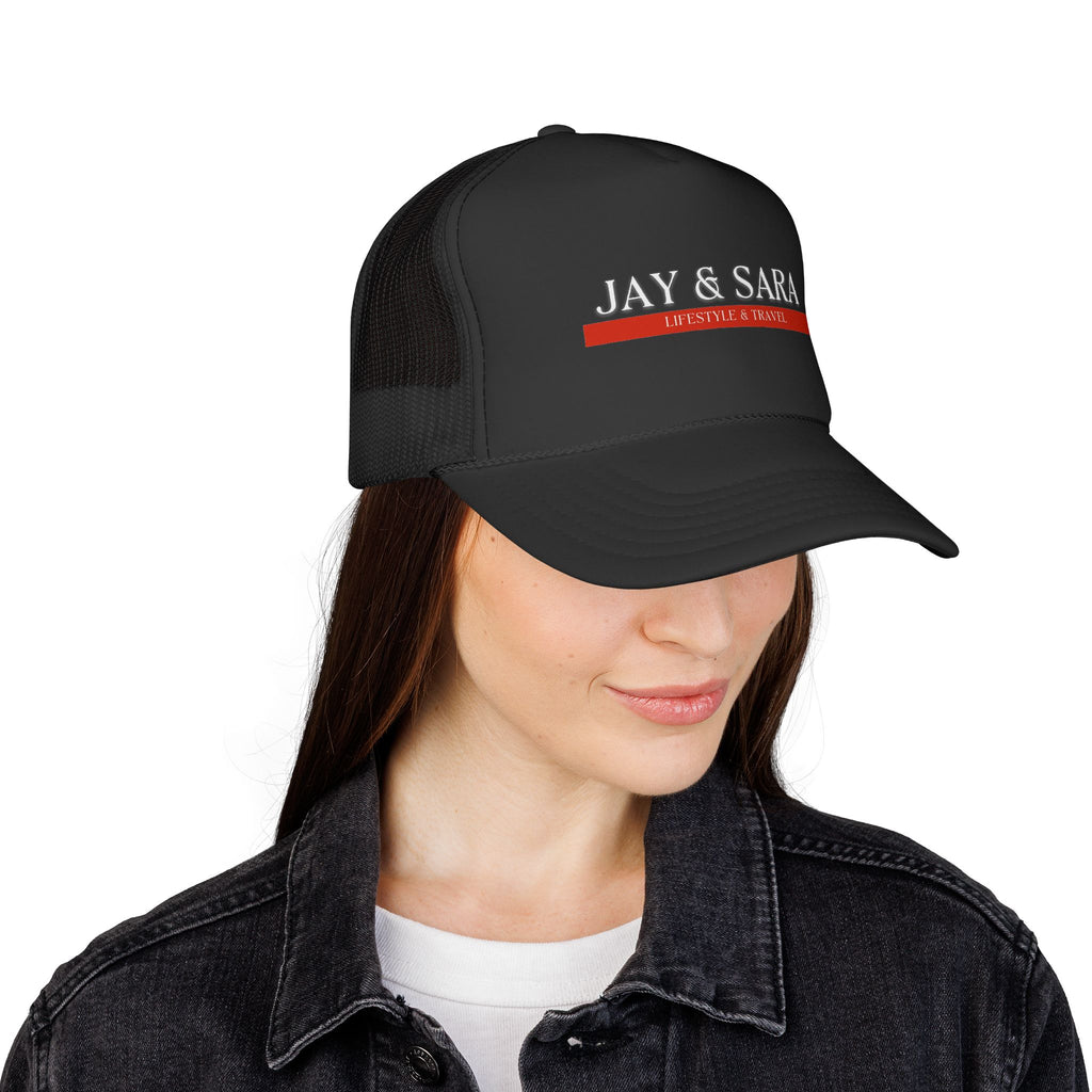 Jay & Sara Trucker Cap — Minimalist Couples Mesh Hat with Red Accent