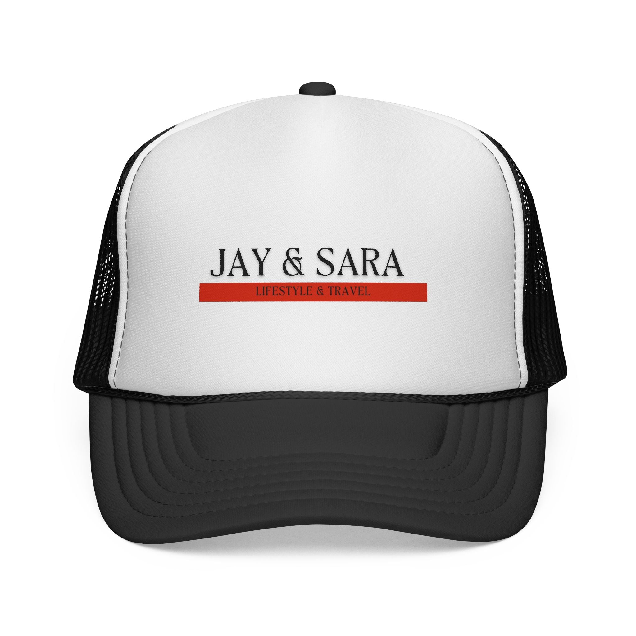Jay & Sara Trucker Cap — Minimalist Couples Mesh Hat with Red Accent