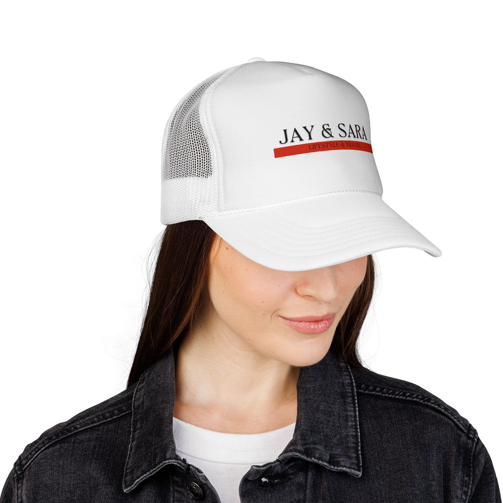 Jay & Sara Trucker Cap — Minimalist Couples Mesh Hat with Red Accent